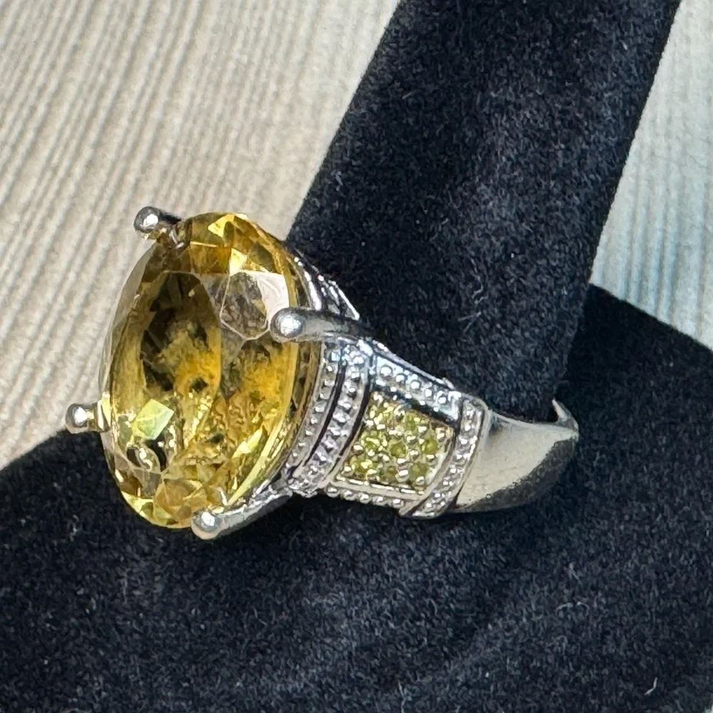 Elegant Yellow Citrine and Yellow Diamond Ring Set in Silver